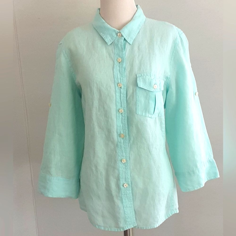 Talbots 100% Pure Irish Linen Button Down Teal Roll-Tab Breast Pocket Shirt Sz L